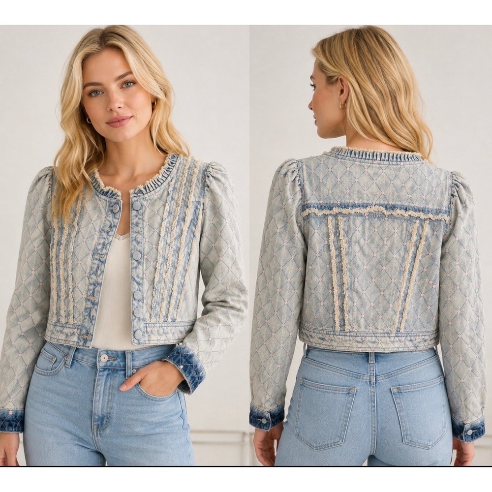 Gina Bowhill Coco Denim Jacket M Quilted Puff Sleeve Frayed Cropped NWT $248